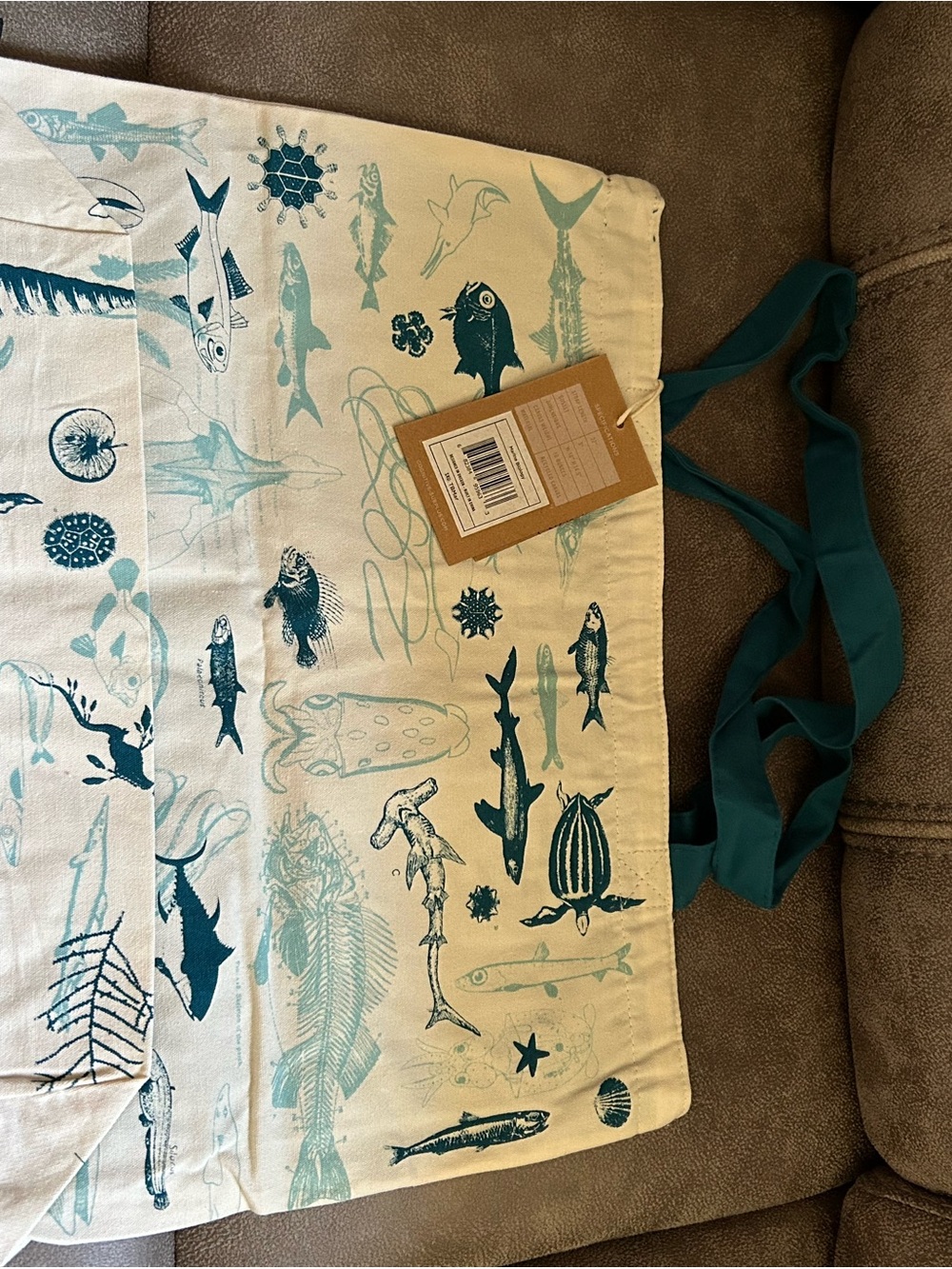 Ocean Life Printed Canvas Tote in Teal and Cream - Picture 2 of 3